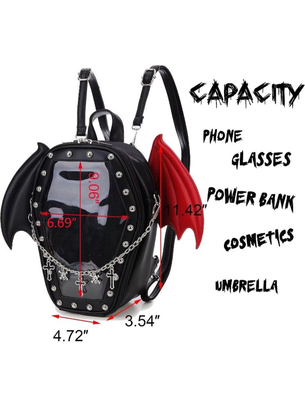 Women’s Black Red Wing Gothic Coffin Purse Halloween PIN Imported Backpack Bag - Picture 4 of 7
